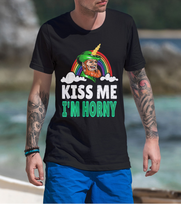 Kiss Me I'm Horny St Patricks Day Lepricorn Rainbow T-Shirt
