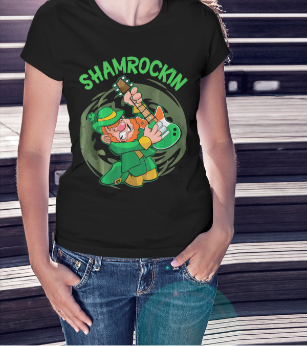 Shamrockin Leprechaun Playing Guitar In Green T-Shirt