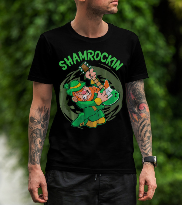 Shamrockin Leprechaun Playing Guitar In Green T-Shirt