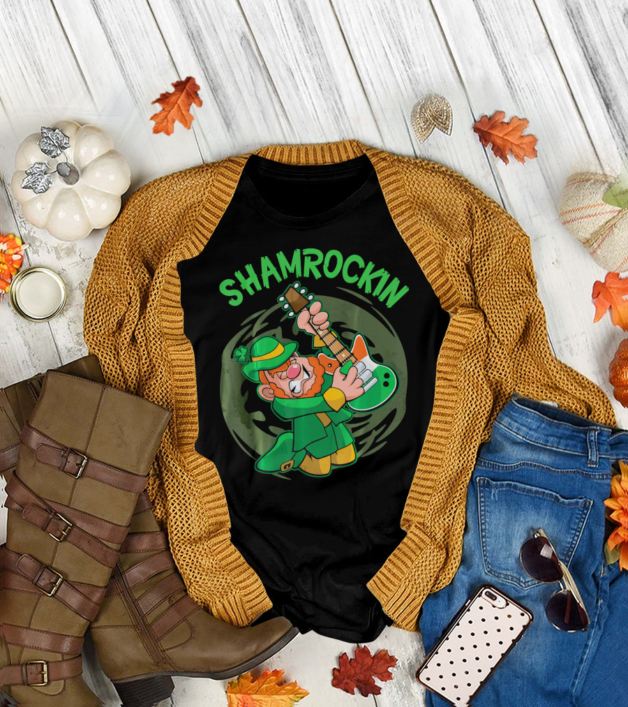 Shamrockin Leprechaun Playing Guitar in Green T-Shirt