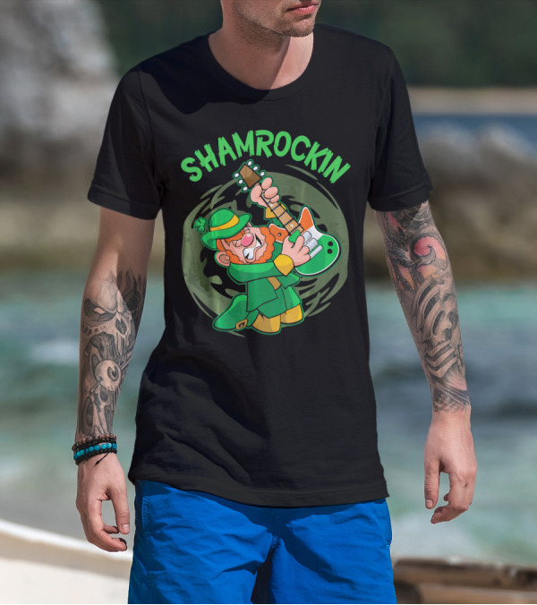 Shamrockin Leprechaun Playing Guitar In Green T-Shirt