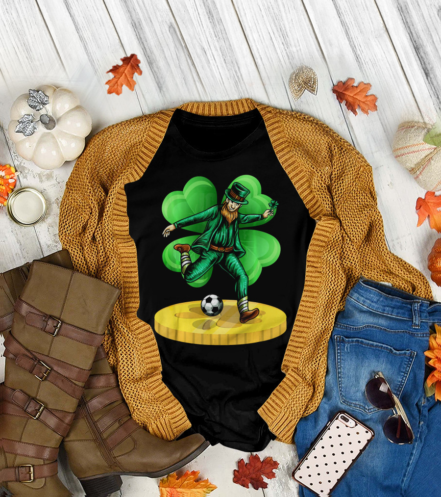 Leprechaun Kicking Soccer Ball on Gold Coin with Shamrock Background T-Shirt
