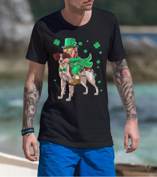 Leprechaun Rides Brittany Spaniel With Shamrock Accents T-Shirt