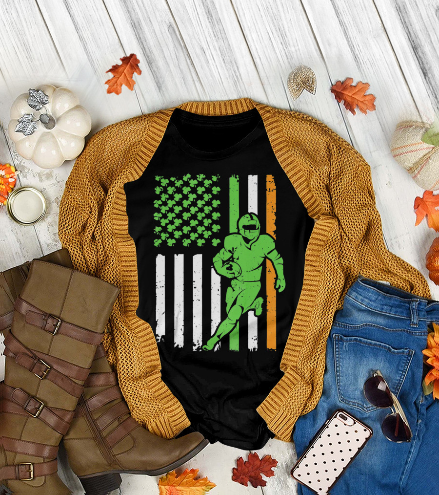 Irish American Football Flag St Patricks Day Shamrock Stripes T-Shirt