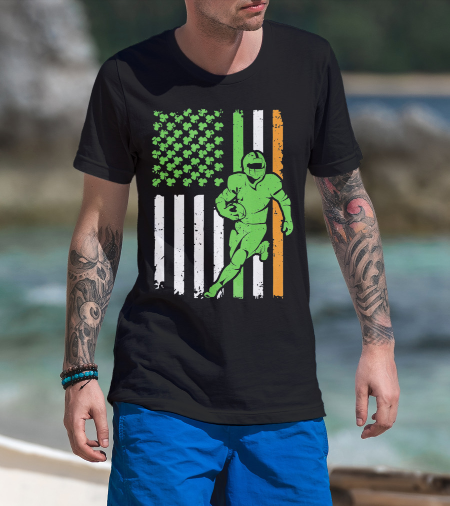 Irish American Football Flag St Patricks Day Shamrock Stripes T-Shirt