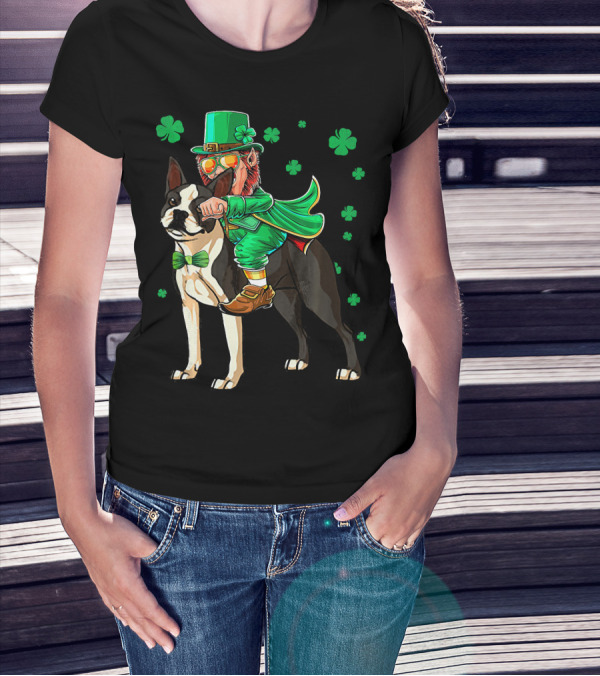 Leprechaun Riding Boston Terrier With Shamrock Accents T-Shirt