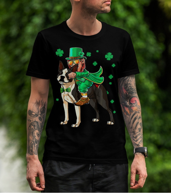 Leprechaun Riding Boston Terrier With Shamrock Accents T-Shirt