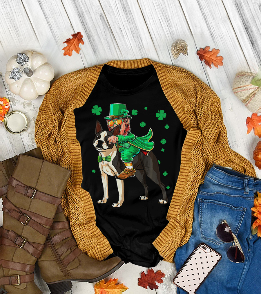 Leprechaun Riding Boston Terrier with Shamrock Accents T-Shirt