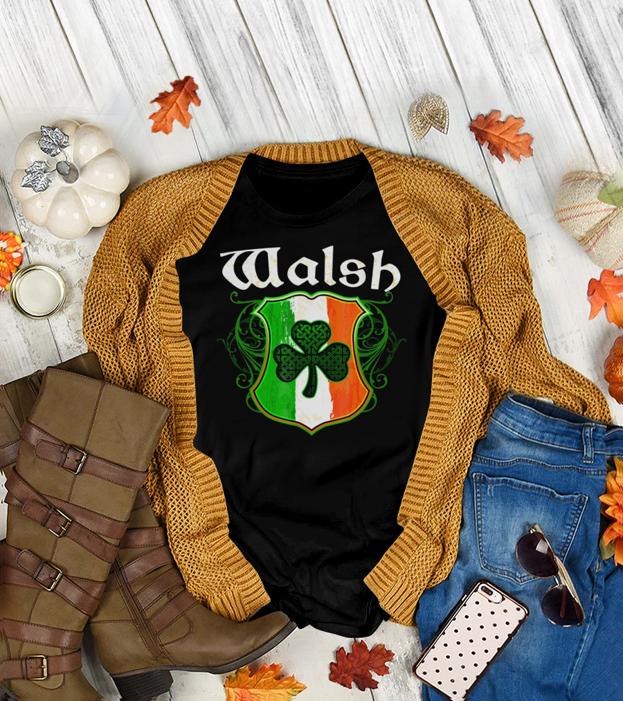 Walsh Surname Irish Shamrock Crest with Green White Orange Shield T-Shirt