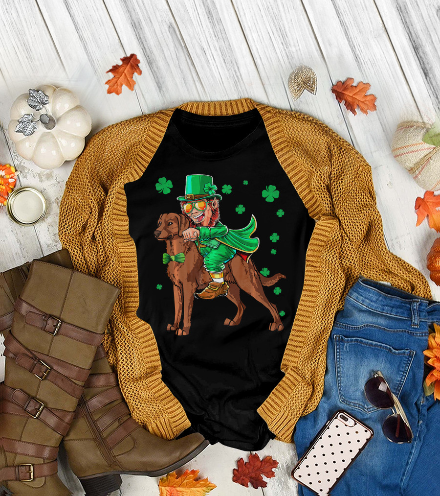Leprechaun Riding Chesapeake Bay Retriever with Shamrocks T-Shirt