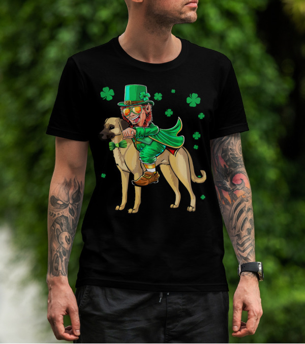 Leprechaun Riding Anatolian Shepherd With Shamrock Accents T-Shirt