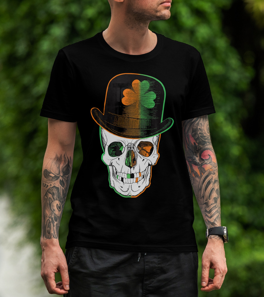 St Paddys Day Irish Leprechaun Skull Shamrock Hat T-Shirt