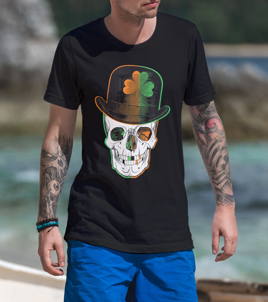 St Paddys Day Irish Leprechaun Skull Shamrock Hat T-Shirt