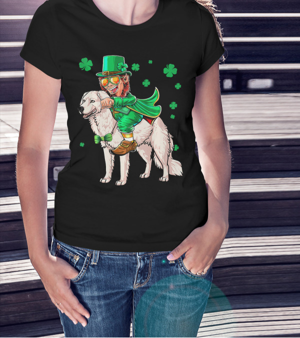 Leprechaun Riding Kuvasz Surrounded By Shamrocks For St. Patrick's Day T-Shirt