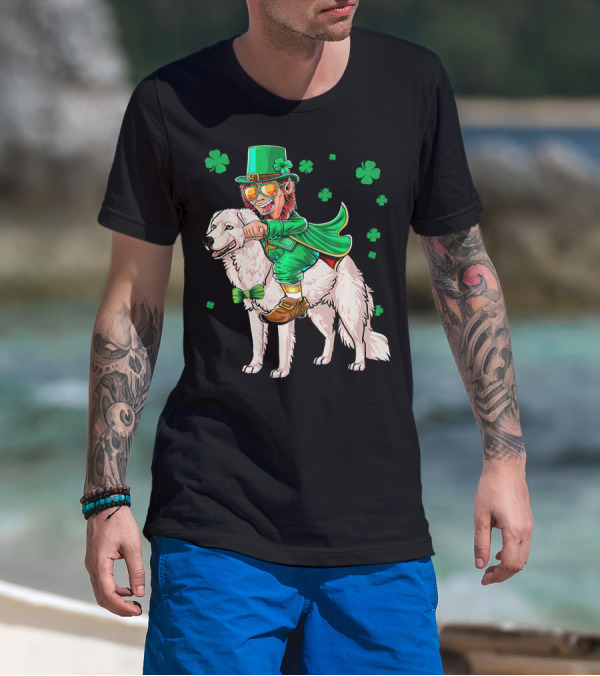 Leprechaun Riding Kuvasz Surrounded By Shamrocks For St. Patrick's Day T-Shirt