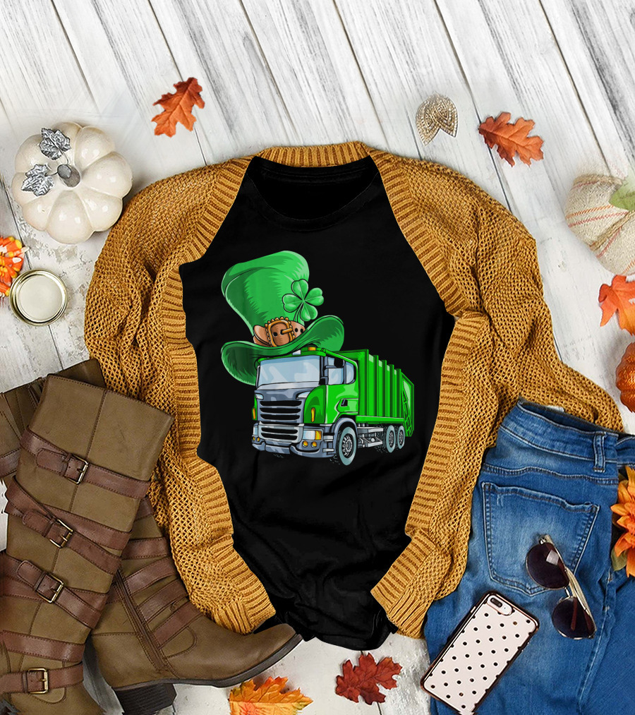 St Patricks Day Garbage Truck with Leprechaun Hat and Four-Leaf Clover T-Shirt