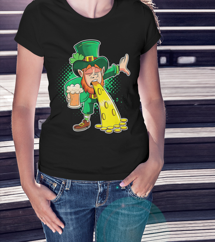 Drunk Leprechaun Puking Gold Coins And Beer Mug T-Shirt