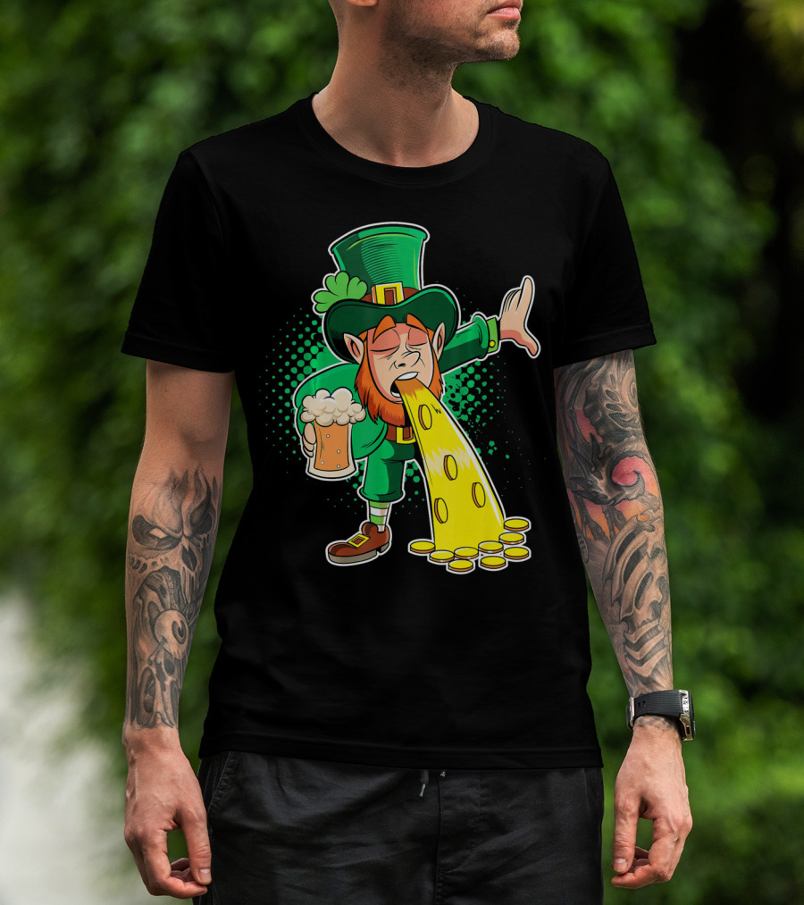 Drunk Leprechaun Puking Gold Coins And Beer Mug T-Shirt