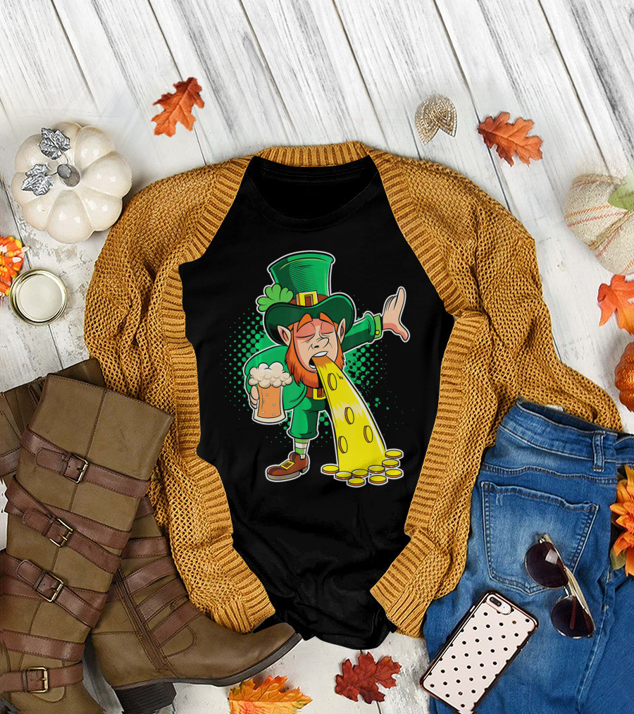 Drunk Leprechaun Puking Gold Coins and Beer Mug T-Shirt