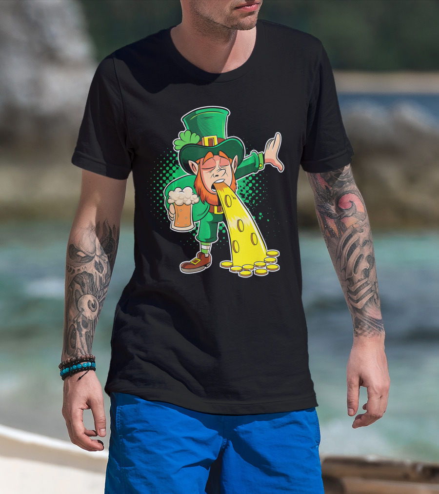 Drunk Leprechaun Puking Gold Coins And Beer Mug T-Shirt