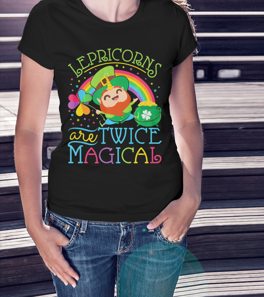 Lepricorns Are Twice Magical St. Patrick's Day Rainbow Clover T-Shirt