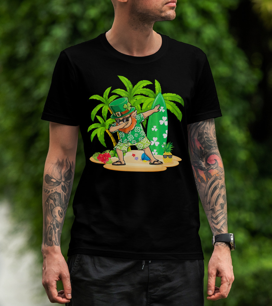 Leprechaun Dabbing On Tropical Beach With Surfboard And Hibiscus Flowers T-Shirt