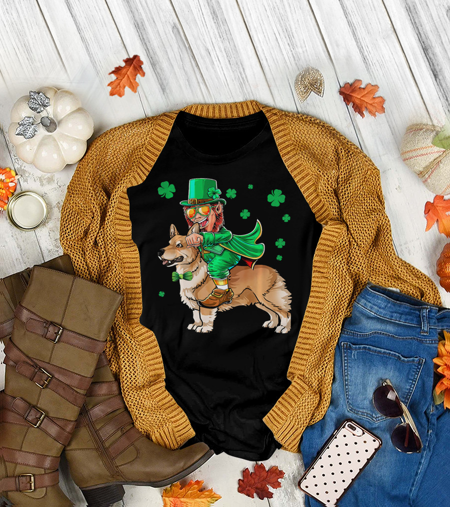 Leprechaun Riding Pembroke Welsh Corgi with Shamrocks T-Shirt
