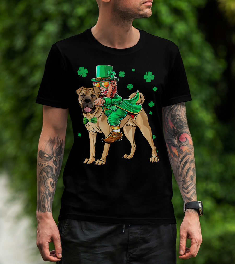 Leprechaun Riding Chinese Shar Pei With Shamrock Bowtie And Hat T-Shirt