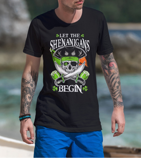 LET THE SHENANIGANS BEGIN SKULL PIRATE IRISH FLAG SHAMROCK T-Shirt