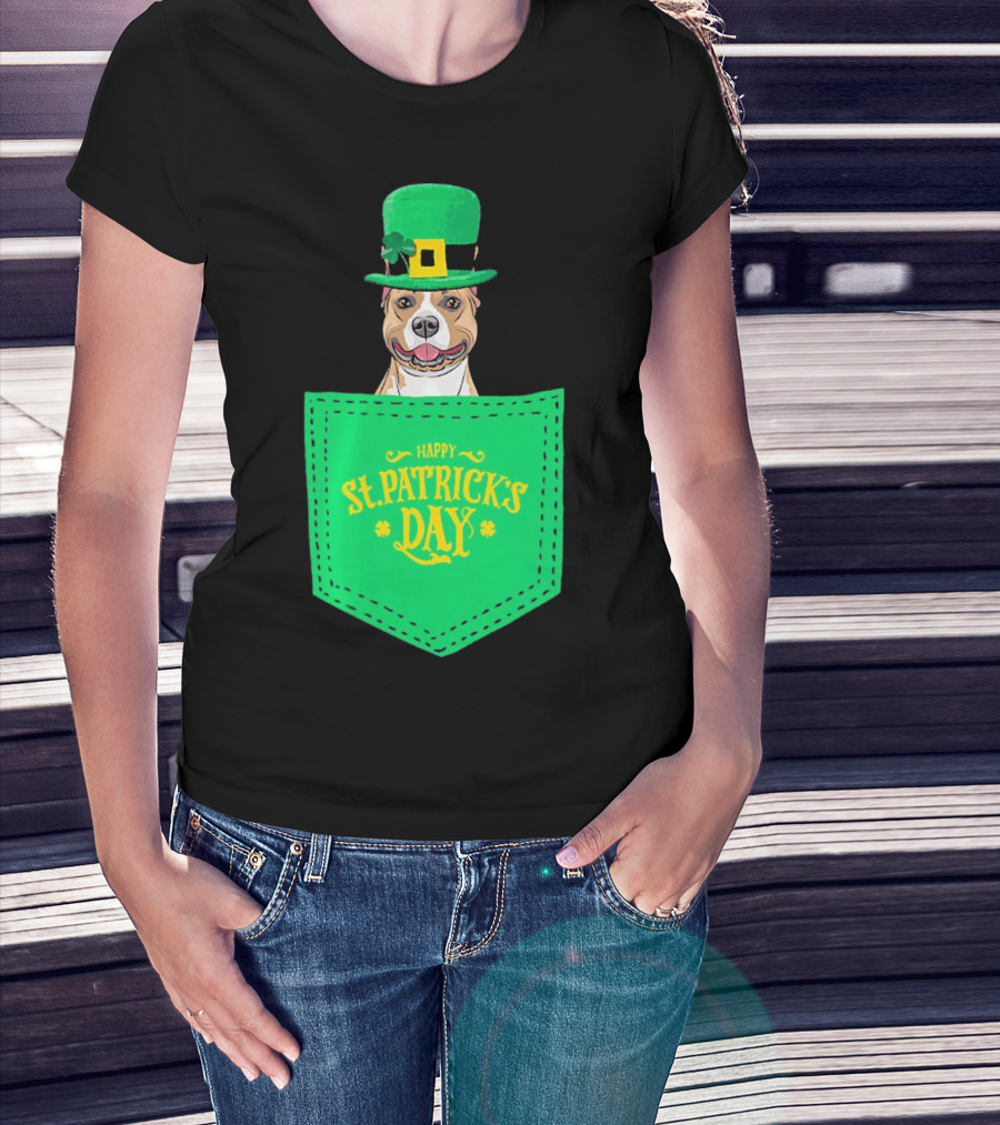 Happy St. Patrick's Day Pitbull Dog In Pocket T-Shirt