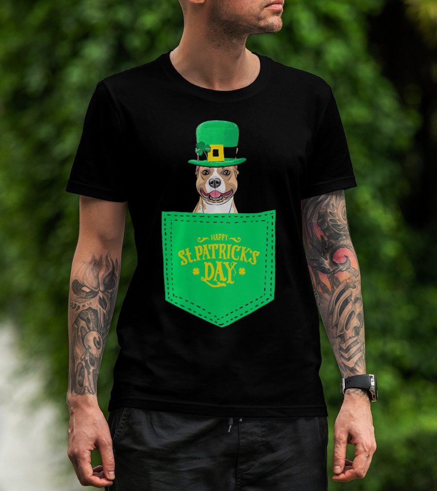 Happy St. Patrick's Day Pitbull Dog In Pocket T-Shirt