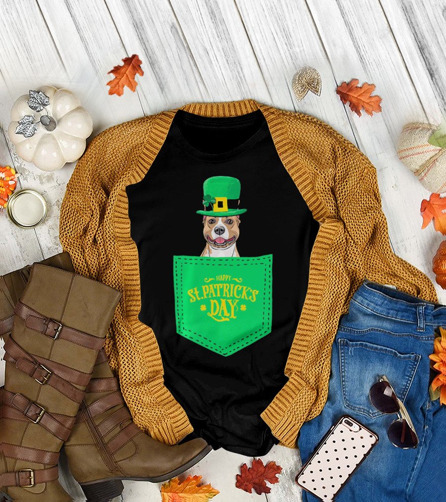Happy St. Patrick's Day Pitbull Dog In Pocket T-Shirt