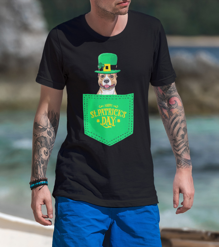 Happy St. Patrick's Day Pitbull Dog In Pocket T-Shirt