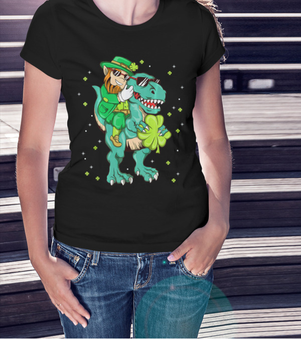 Irish Leprechaun Riding Dinosaur With Clover And Sunglasses T-Shirt