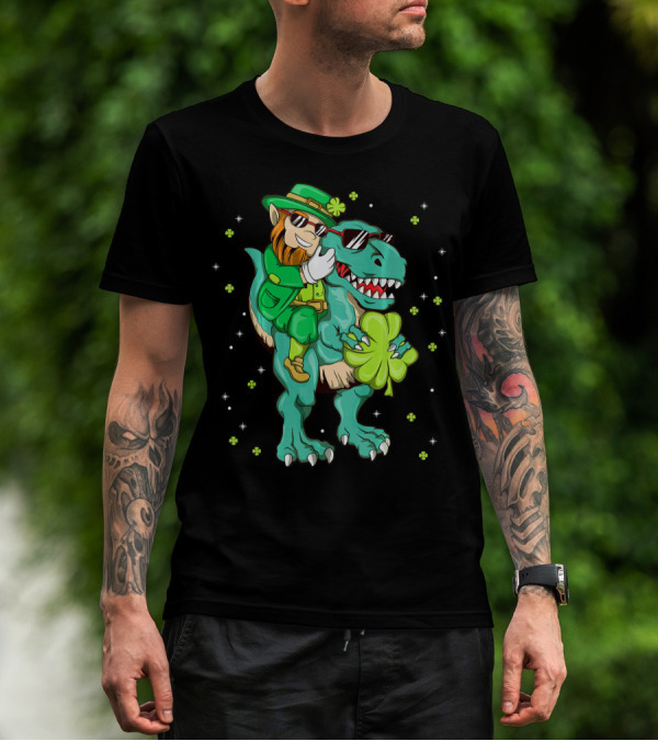 Irish Leprechaun Riding Dinosaur With Clover And Sunglasses T-Shirt