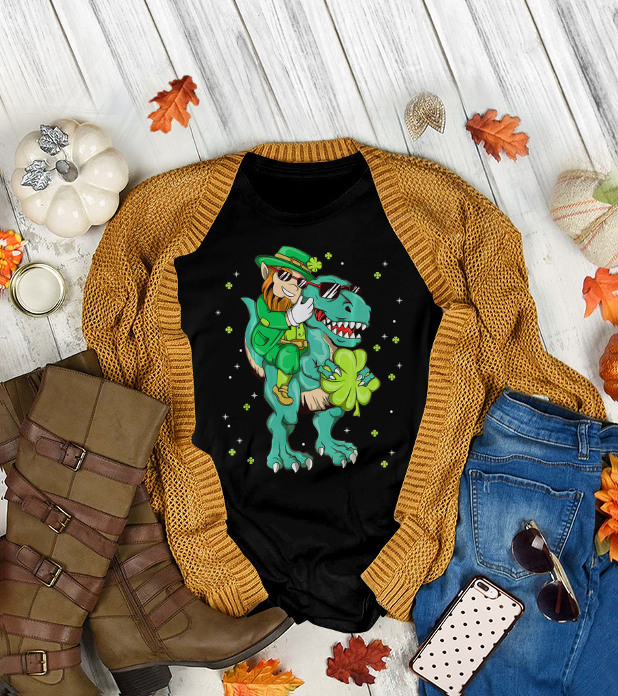 Irish Leprechaun Riding Dinosaur with Clover and Sunglasses T-Shirt
