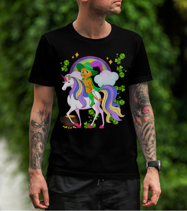 Leprechaun Cat Riding Unicorn With Rainbow And Shamrocks St Patrick Pot Of Gold T-Shirt