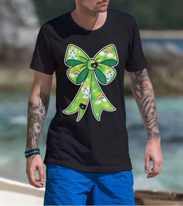 Girls St Patrick's Day Unicorn Bow With Rainbows And Shamrocks T-Shirt