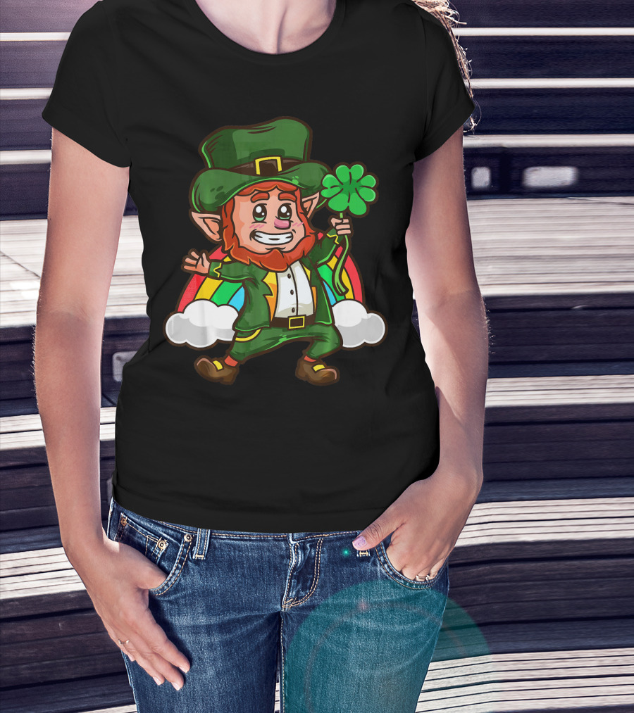 St Patricks Happy Leprechaun Holding Shamrock With Rainbow And Clouds T-Shirt