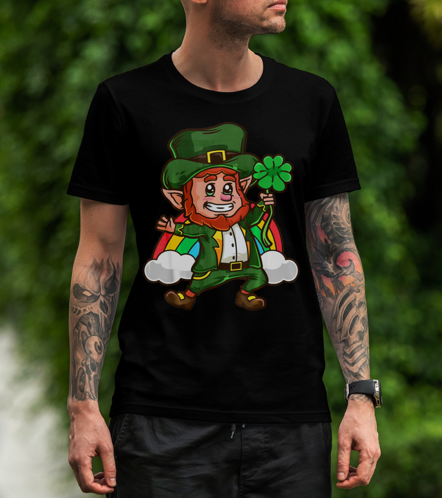 St Patricks Happy Leprechaun Holding Shamrock With Rainbow And Clouds T-Shirt