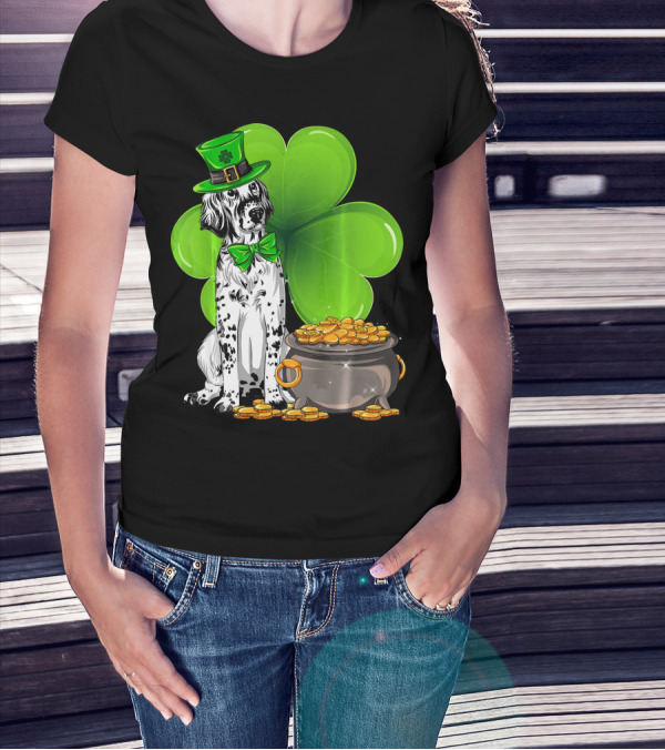 English Setter St Patricks Day Leprechaun Dog With Clover And Pot Of Gold T-Shirt