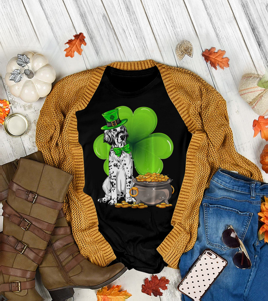 English Setter St Patricks Day Leprechaun Dog with Clover and Pot of Gold T-Shirt