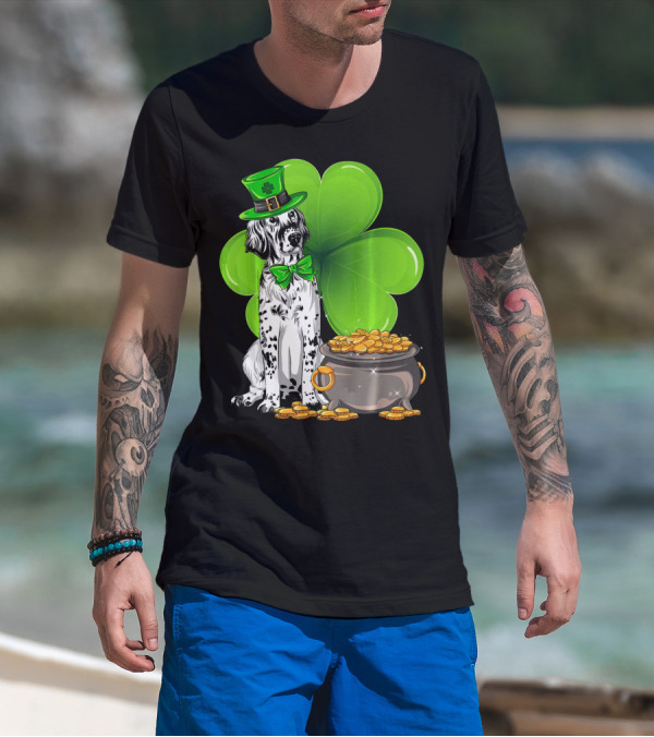 English Setter St Patricks Day Leprechaun Dog With Clover And Pot Of Gold T-Shirt
