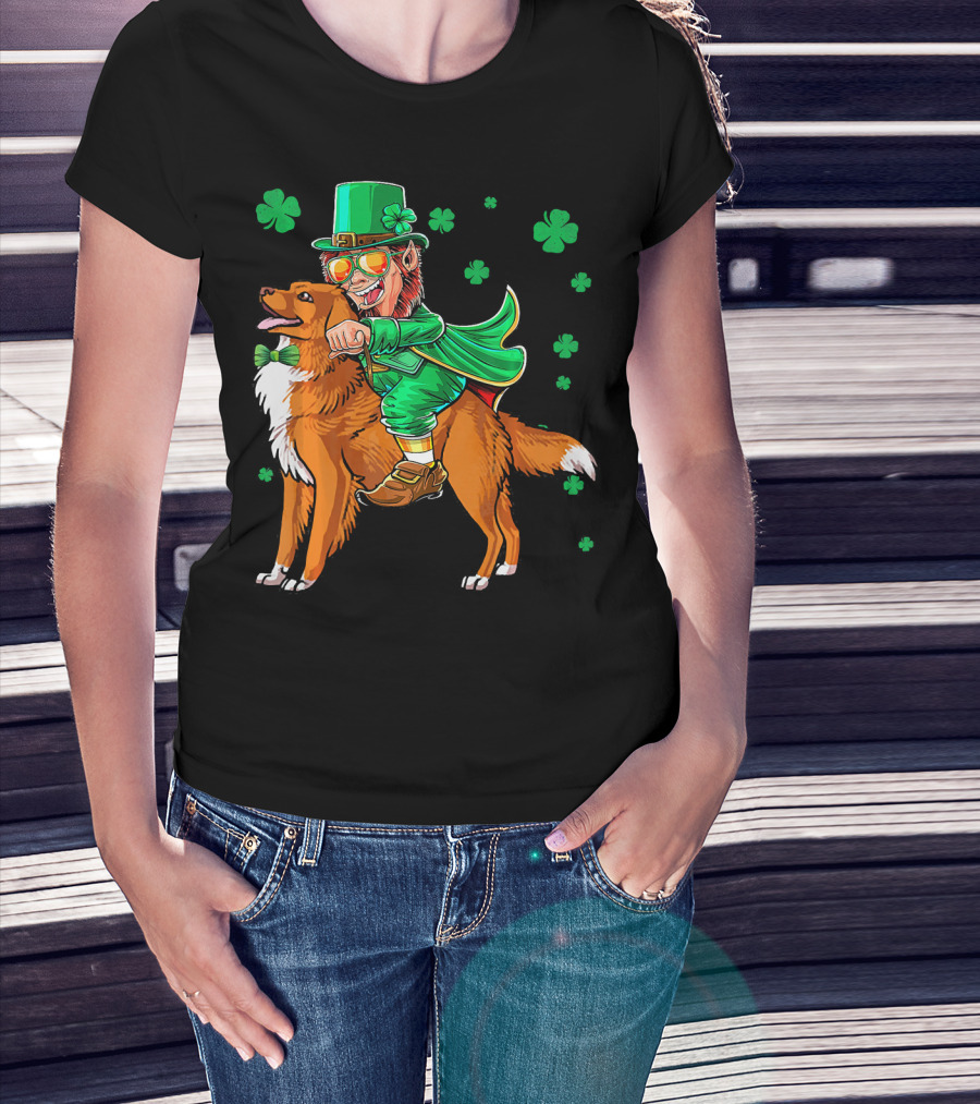 Leprechaun Riding Nova Scotia Duck Tolling Retriever With Shamrocks T-Shirt