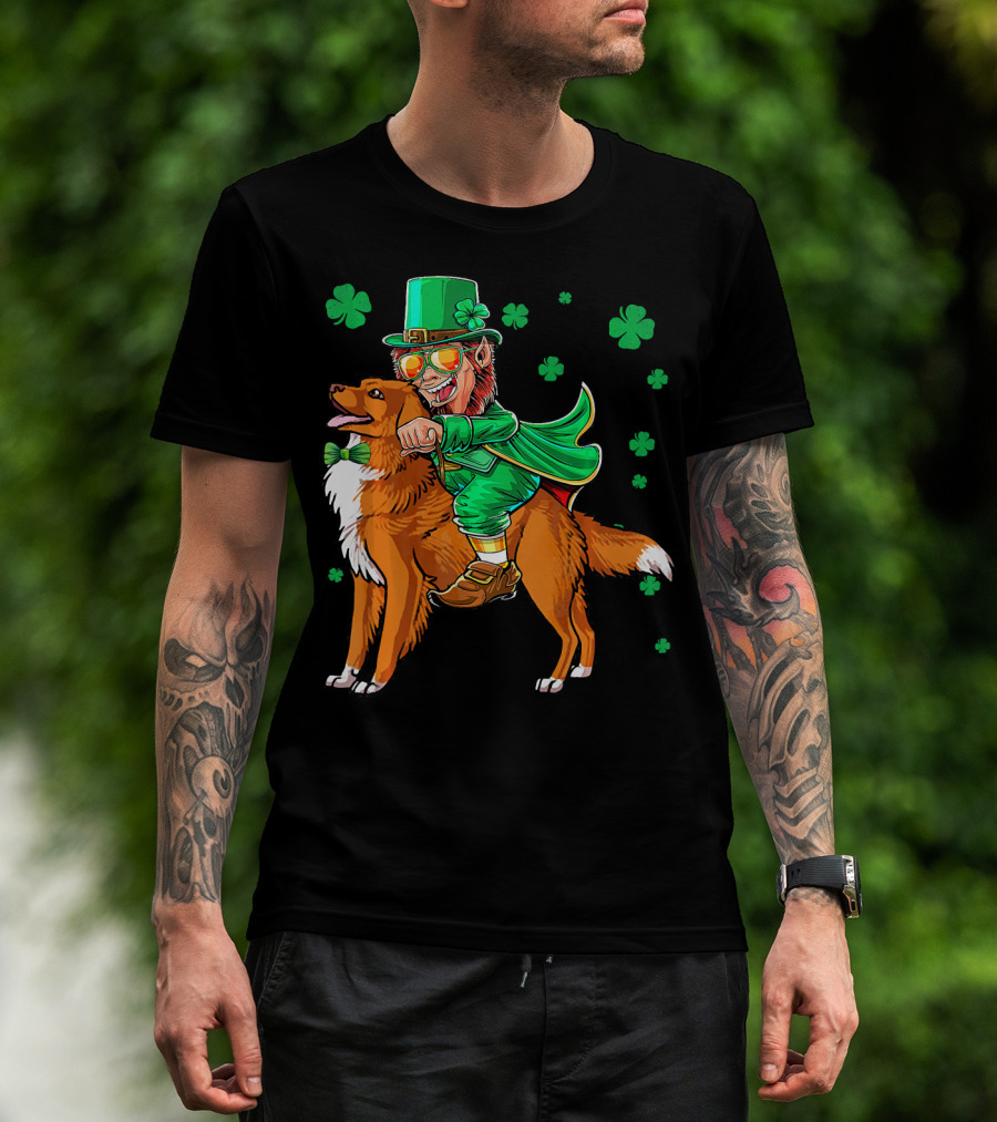 Leprechaun Riding Nova Scotia Duck Tolling Retriever With Shamrocks T-Shirt