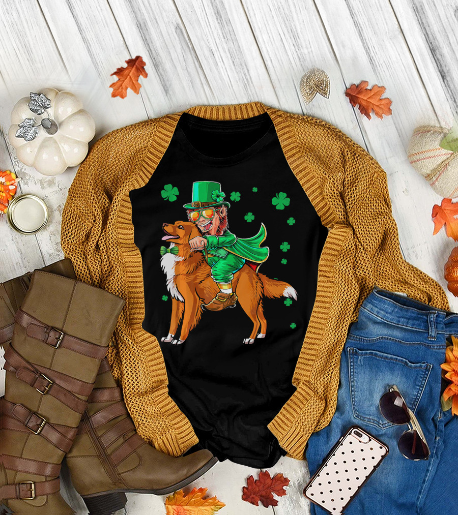 Leprechaun Riding Nova Scotia Duck Tolling Retriever with Shamrocks T-Shirt