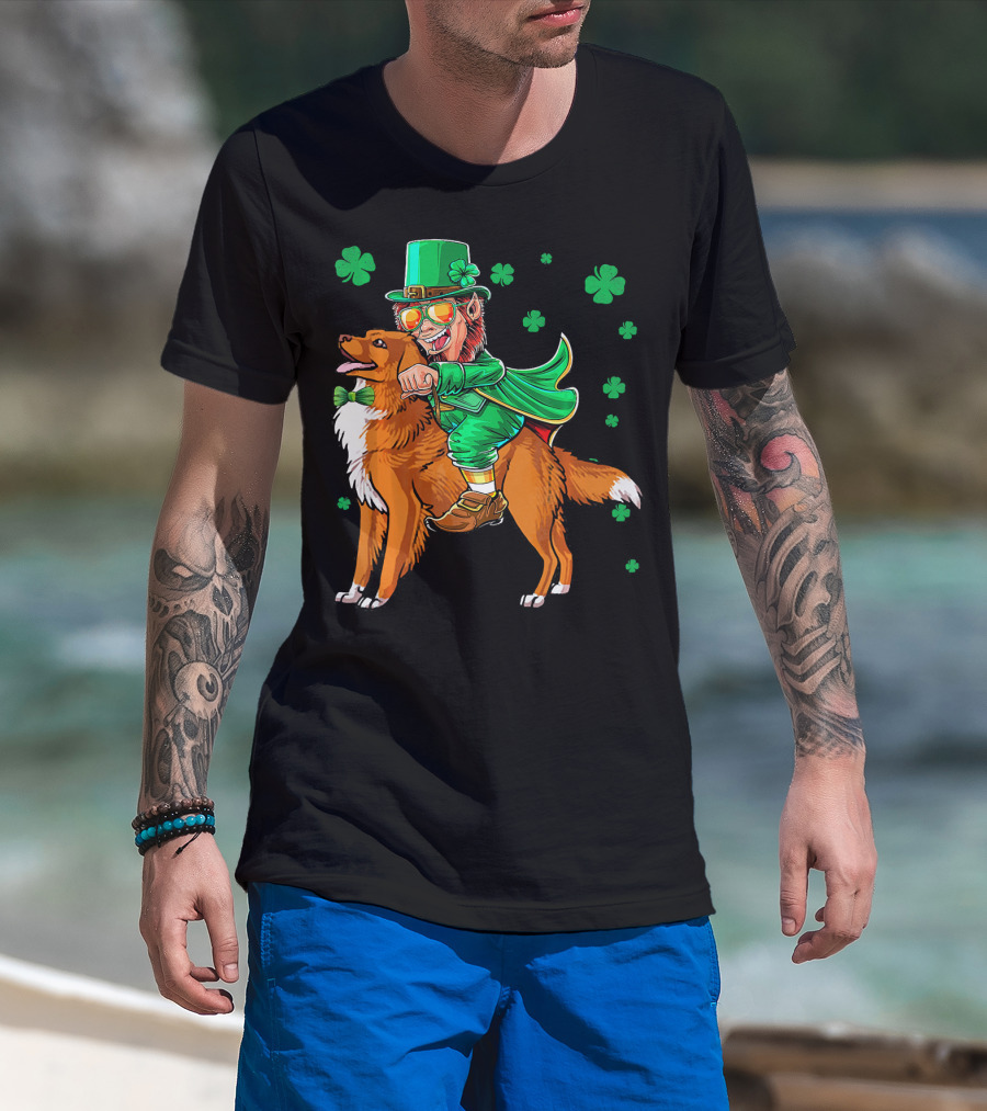 Leprechaun Riding Nova Scotia Duck Tolling Retriever With Shamrocks T-Shirt