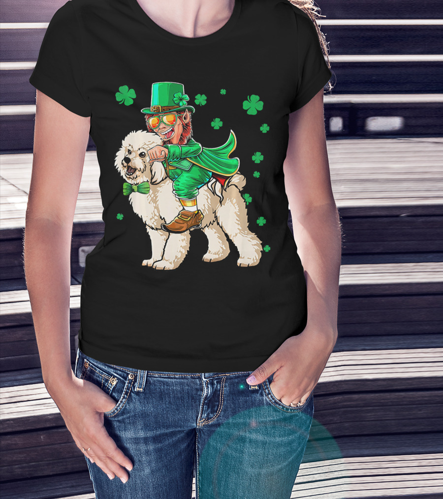 Leprechaun Riding Bichon Frise With Shamrock St. Pat's Day Charm T-Shirt