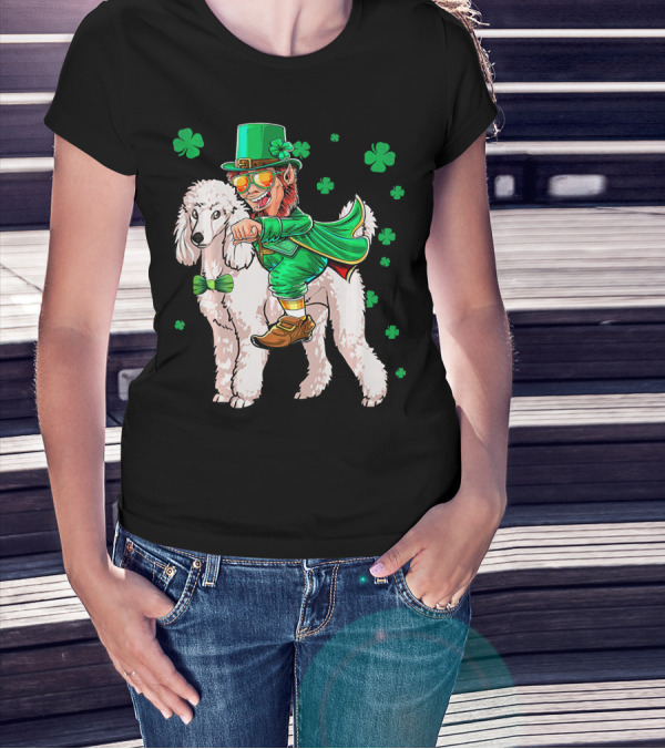 Leprechaun Riding Poodle With Shamrocks St. Patrick's Day T-Shirt