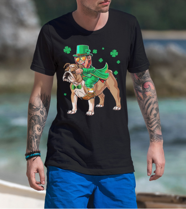 Leprechaun Riding English Bulldog With Shamrocks T-Shirt